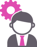 Pictogramme d’un expert en costume avec un engrenage