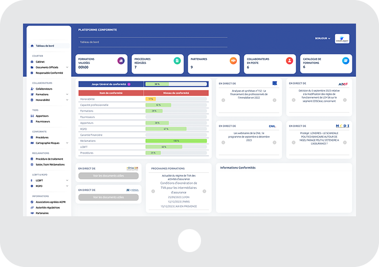 Tableau de bord Complisoft Assurance sur tablette : jauge générale de conformité, formations validées, procédures, partenaires